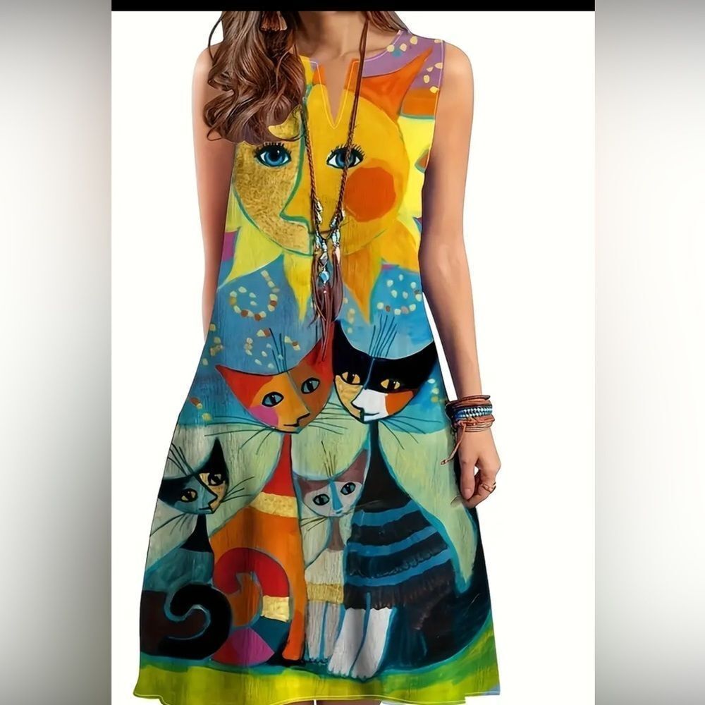 Women’s Whimsical Cat Design Sleeveless Dress Size XL
